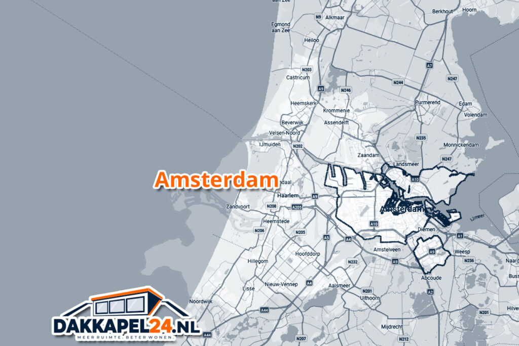 Kaart van Noord-Holland met nadruk op Amsterdam, omliggende plaatsen en wegen, logo Dakkapel24.nl links onderaan.