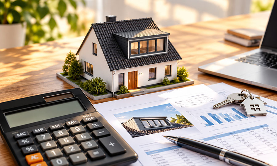 Model van een huis, rekenmachine, pen, sleutels en financiële documenten met grafiek op een houten tafel.