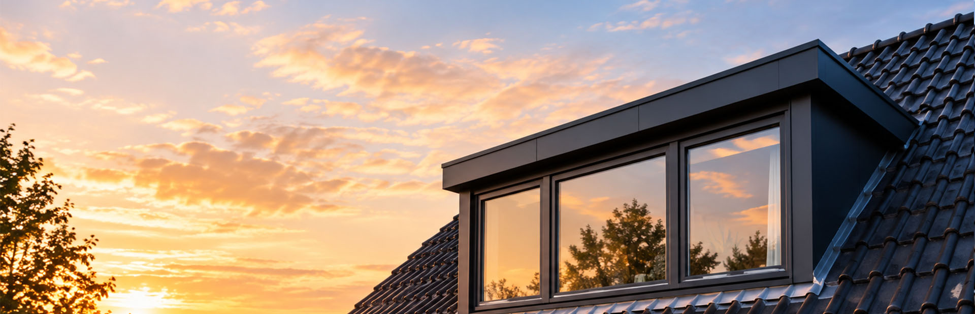 Dakkapel op een pannendak met reflectie van bomen en een deels bewolkte zonsondergang.
