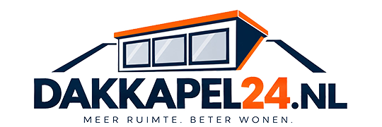 Logo met een gestileerde dakkapel boven de tekst 'DAKKAPEL24.NL' en de slogan 'Dakkapellen, kozijnen, montage' eronder.
